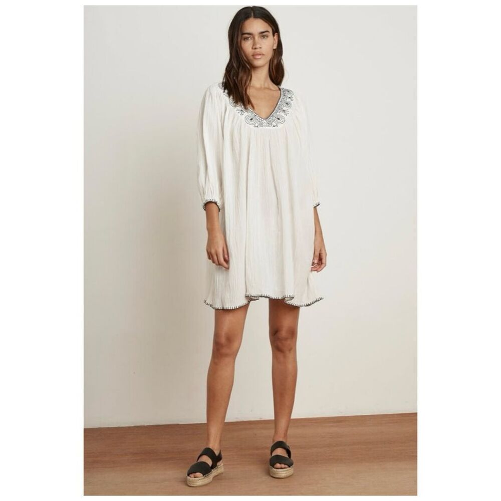 Anthropologie VELVET Trista Blanket Stitch Kaftan Dress White Embroidered Boho M